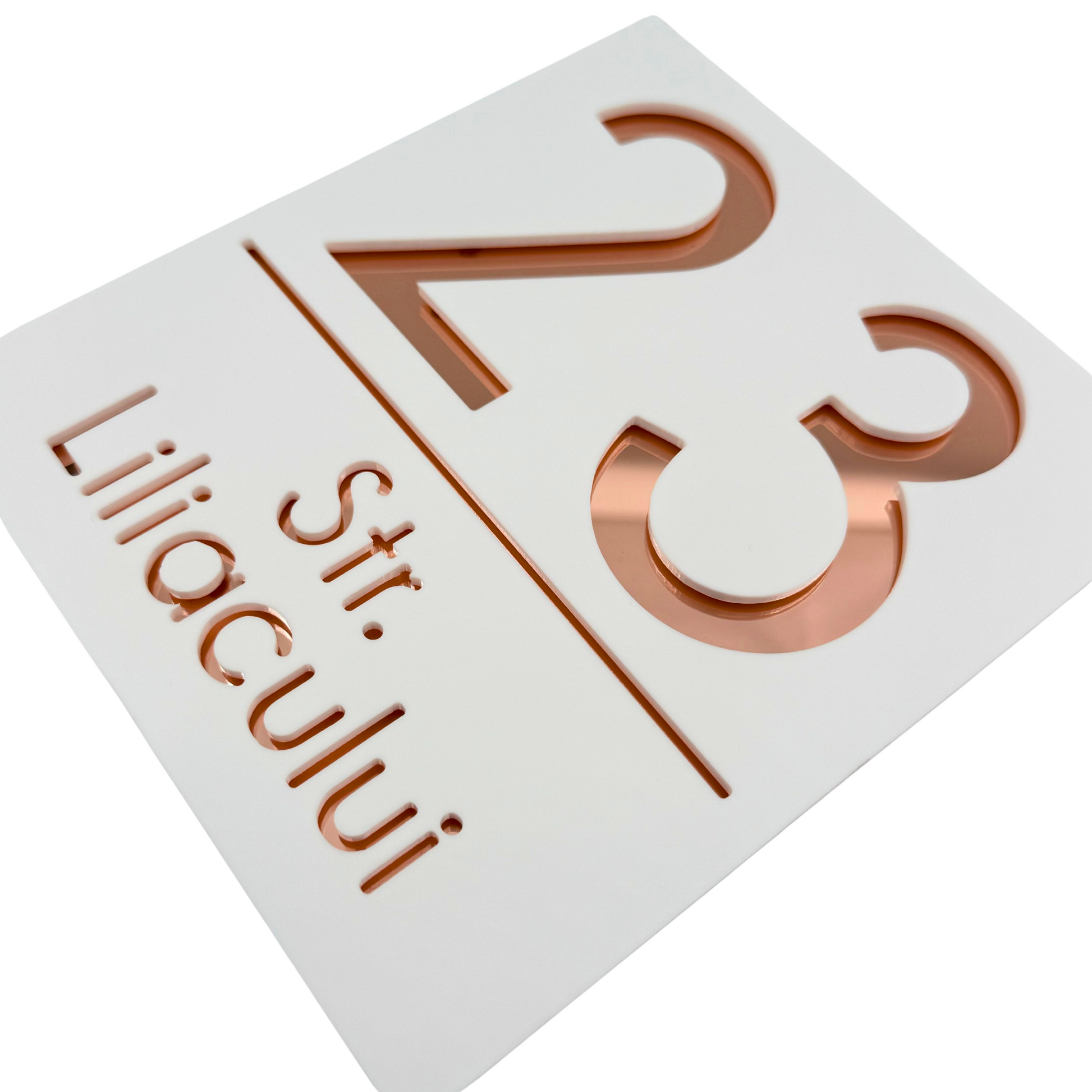 PREMIUM HOUSE NUMBER - White Satin Rose Gold Mirror - 18×16 cm