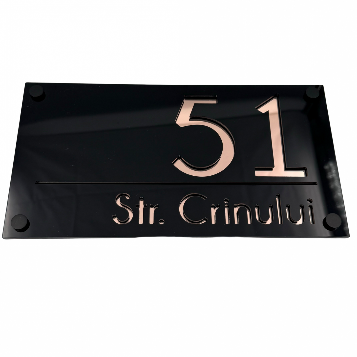 PREMIUM HOUSE NUMBER - Glossy Black Rose Gold Mirror 4 Spacers NeGreyi - 28×15 cm