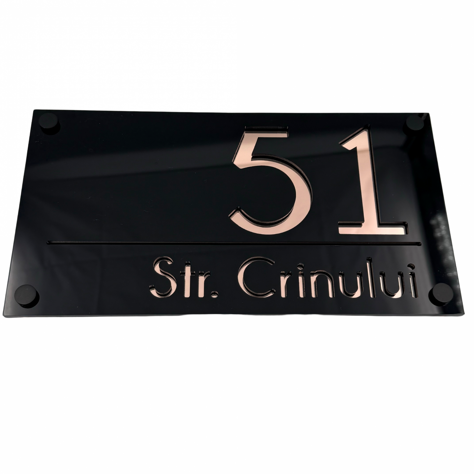 PREMIUM HOUSE NUMBER - Glossy Black Rose Gold Mirror 4 Spacers NeGreyi - 28×15 cm