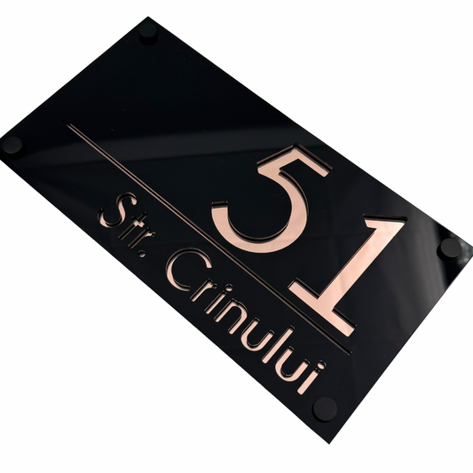 PREMIUM HOUSE NUMBER - Glossy Black Rose Gold Mirror 4 Spacers NeGreyi - 28×15 cm