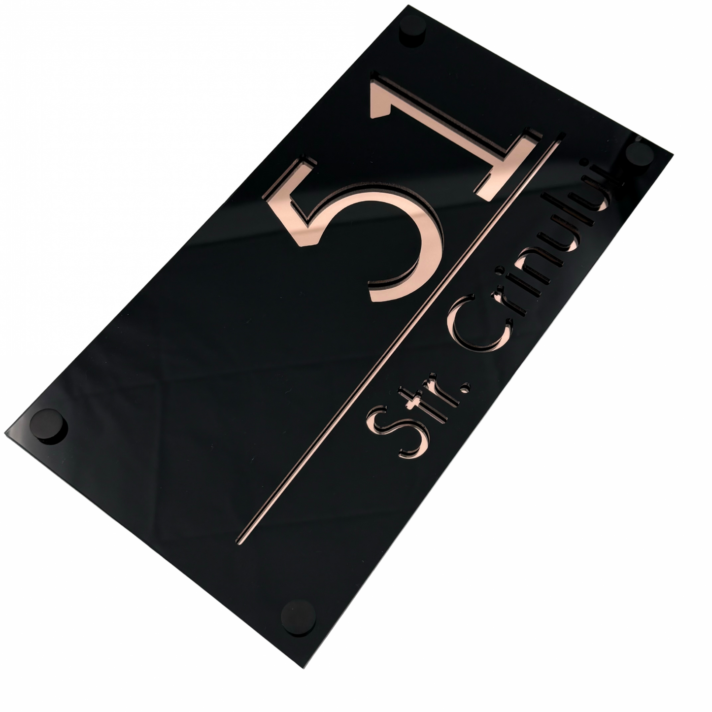 PREMIUM HOUSE NUMBER - Glossy Black Rose Gold Mirror 4 Spacers NeGreyi - 28×15 cm