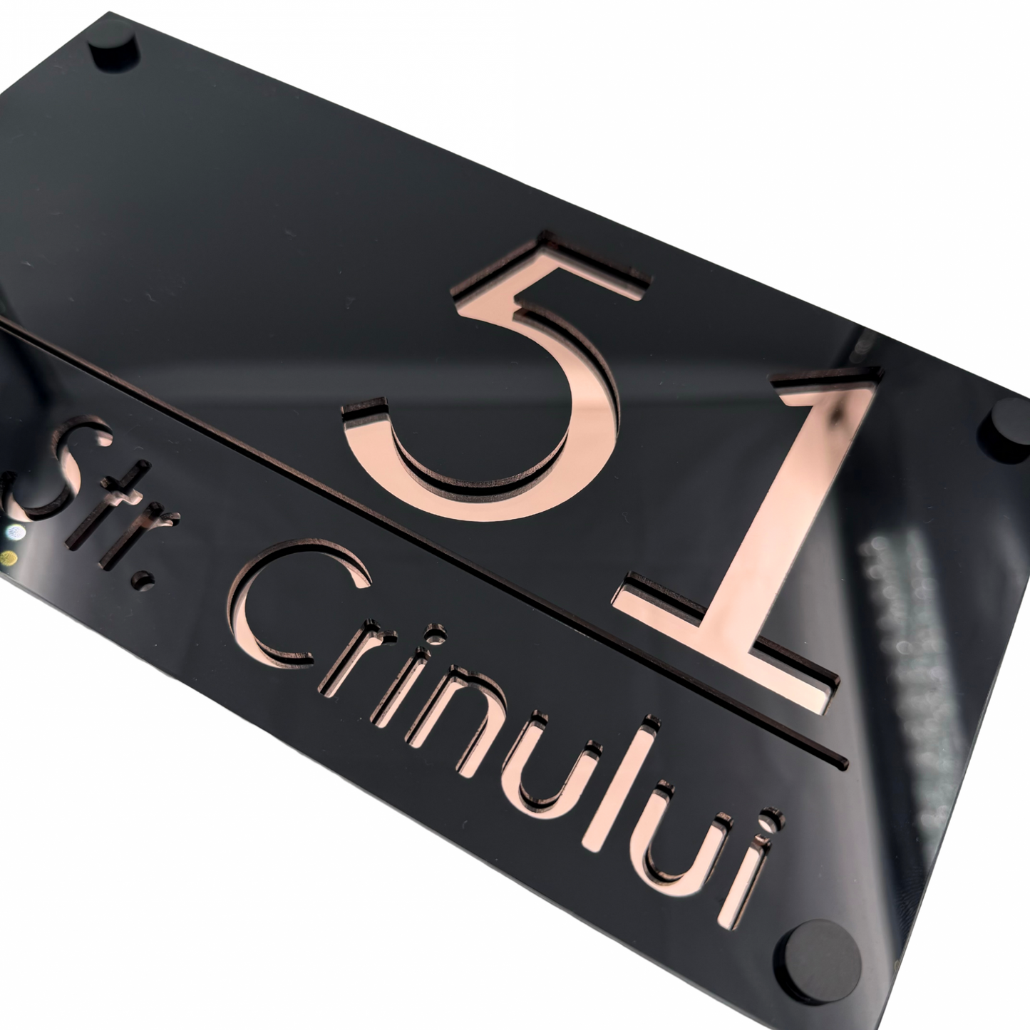 PREMIUM HOUSE NUMBER - Glossy Black Rose Gold Mirror 4 Spacers NeGreyi - 28×15 cm