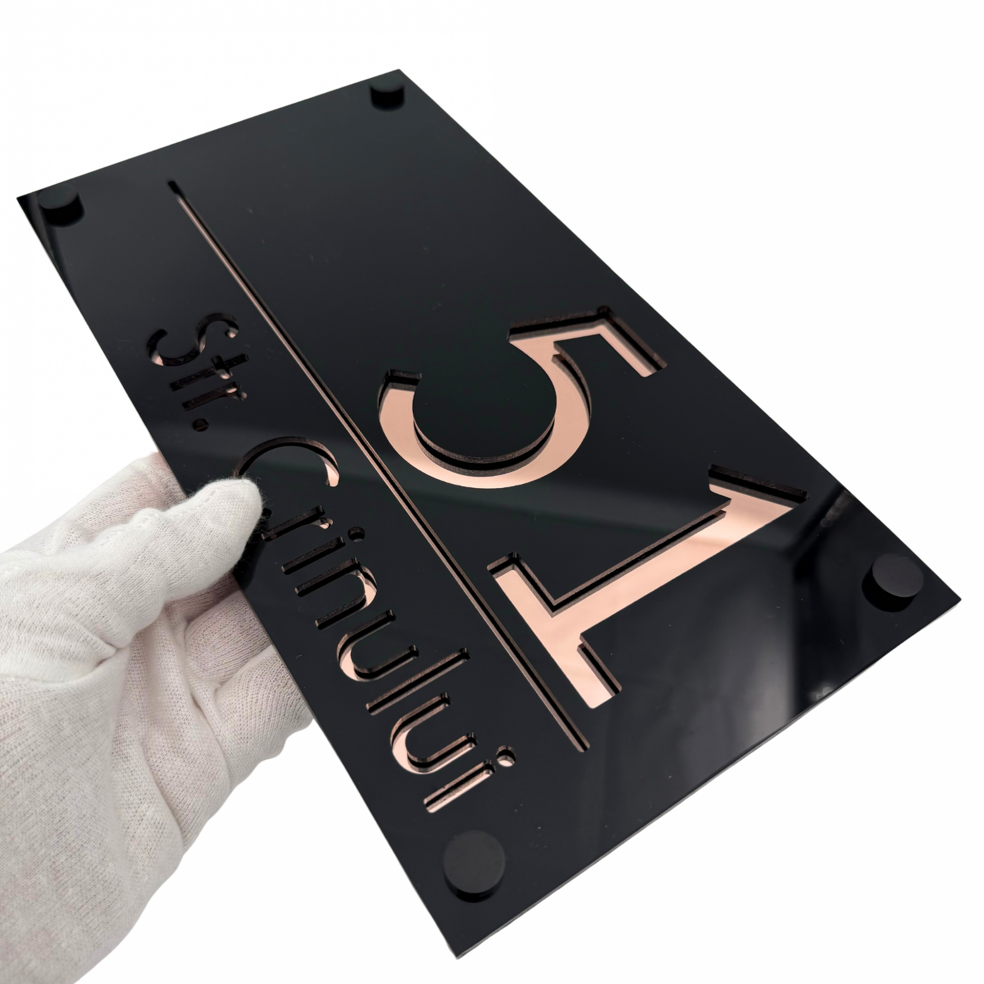 PREMIUM HOUSE NUMBER - Glossy Black Rose Gold Mirror 4 Spacers NeGreyi - 28×15 cm
