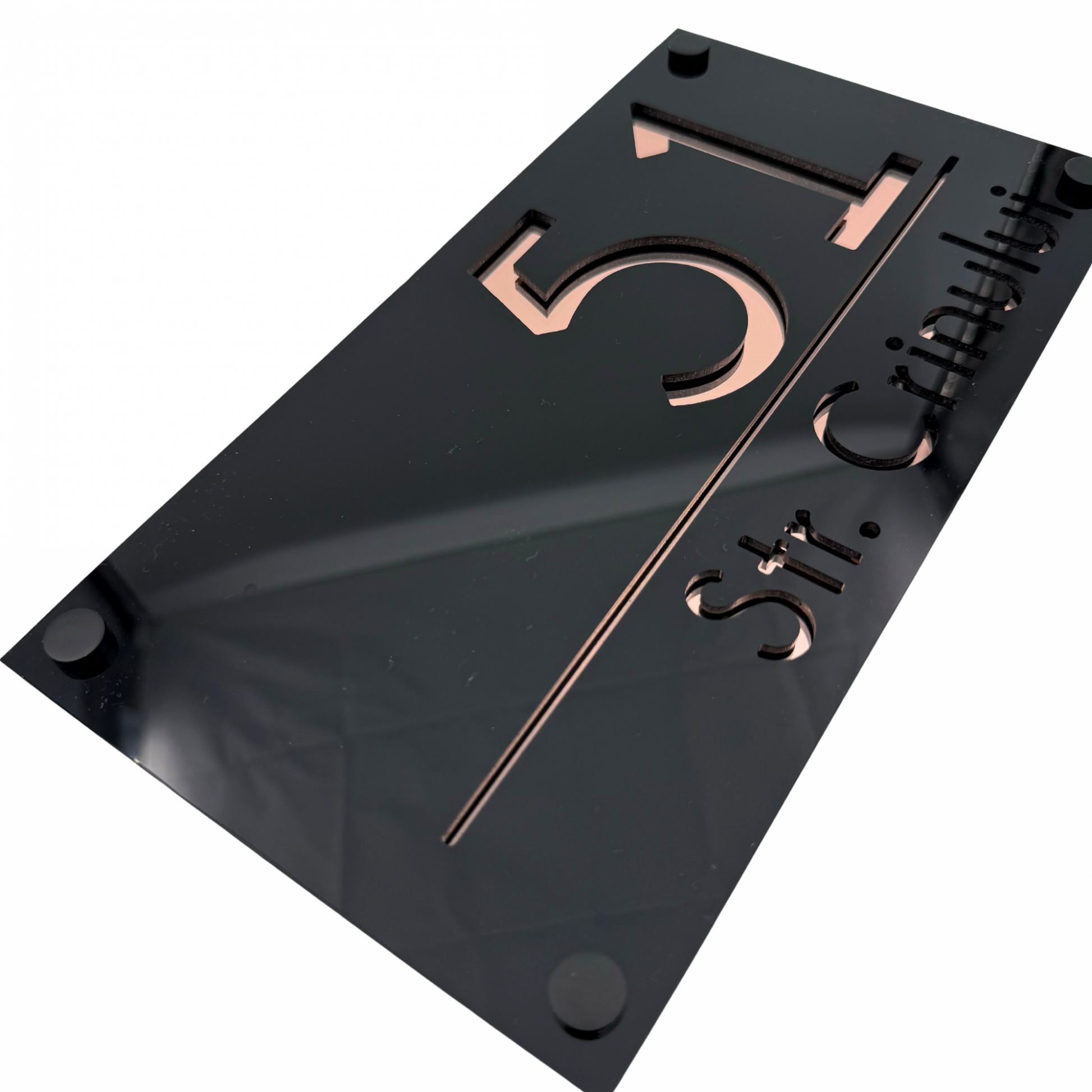 PREMIUM HOUSE NUMBER - Glossy Black Rose Gold Mirror 4 Spacers NeGreyi - 28×15 cm