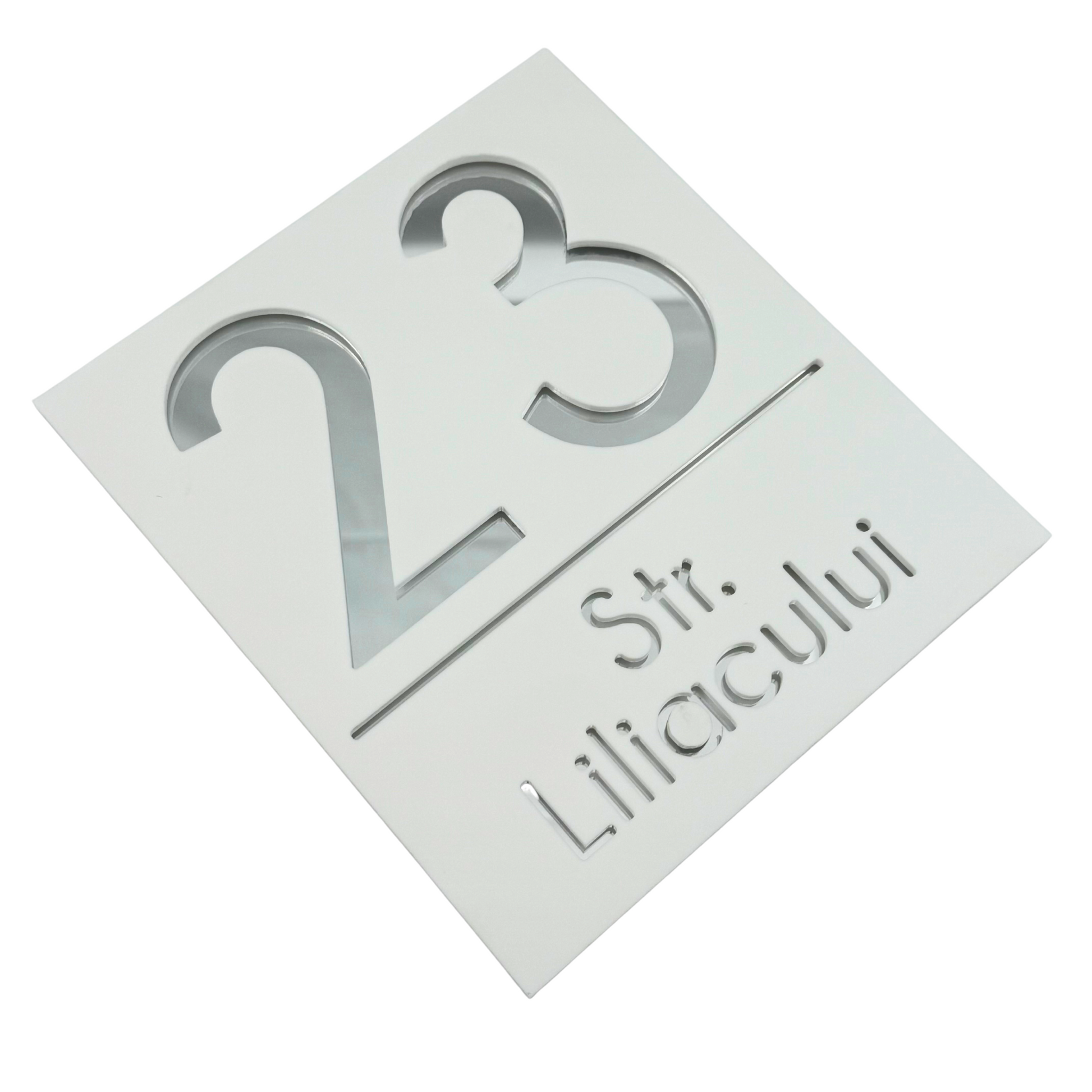 PREMIUM HOUSE NUMBER - White Satin Silver Mirror - 18×16 cm