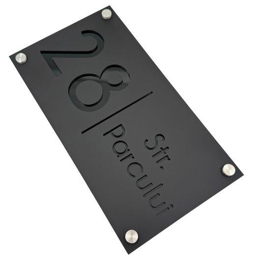 PREMIUM HOUSE NUMBER - Satin Black Glossy Black 4 Spacers Silver - 28×15 cm