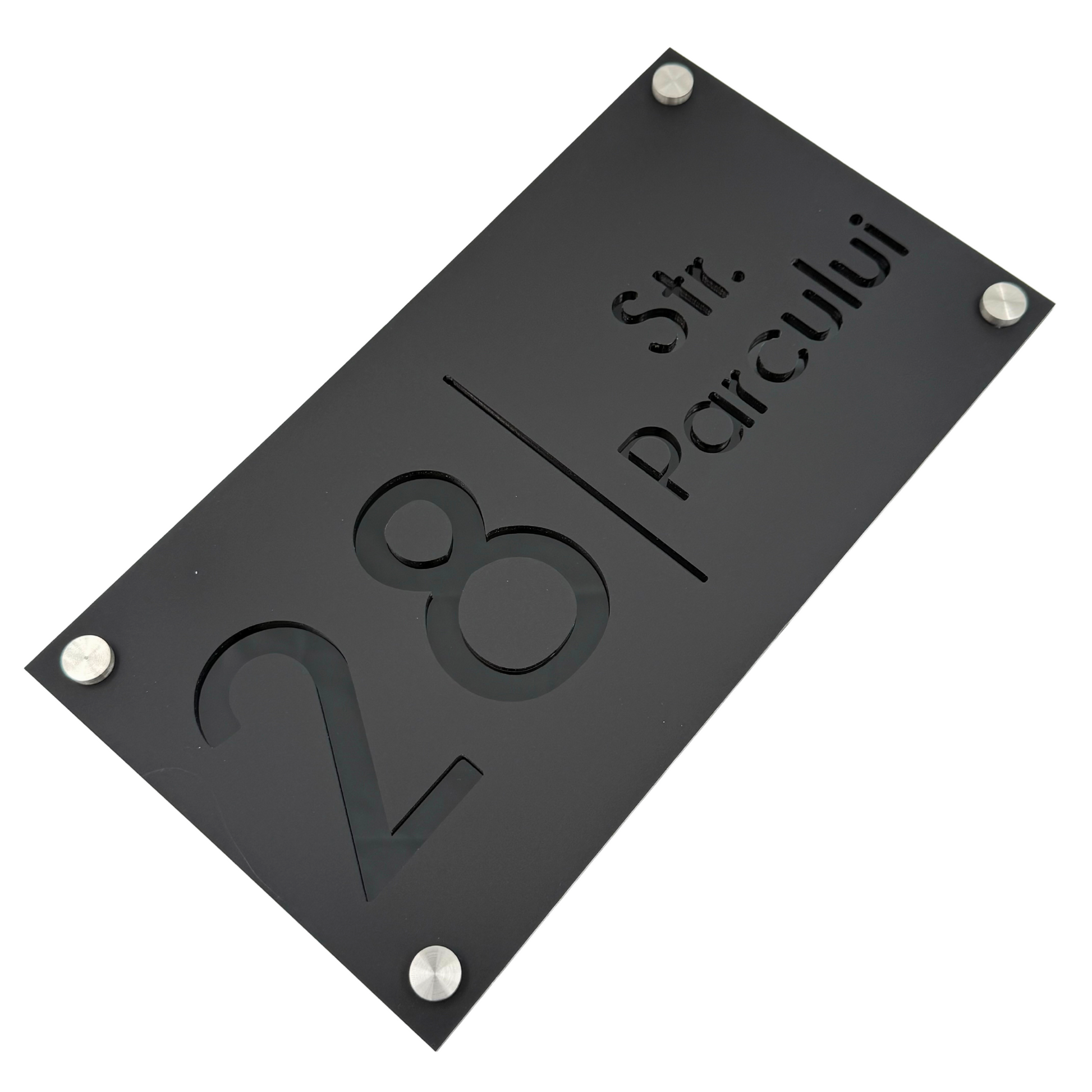 PREMIUM HOUSE NUMBER - Satin Black Glossy Black 4 Spacers Silver - 28×15 cm
