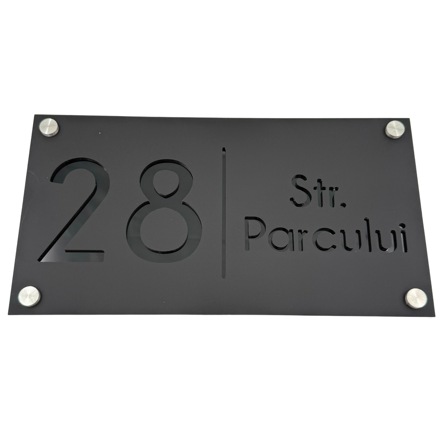PREMIUM HOUSE NUMBER - Satin Black Glossy Black 4 Spacers Silver - 28×15 cm