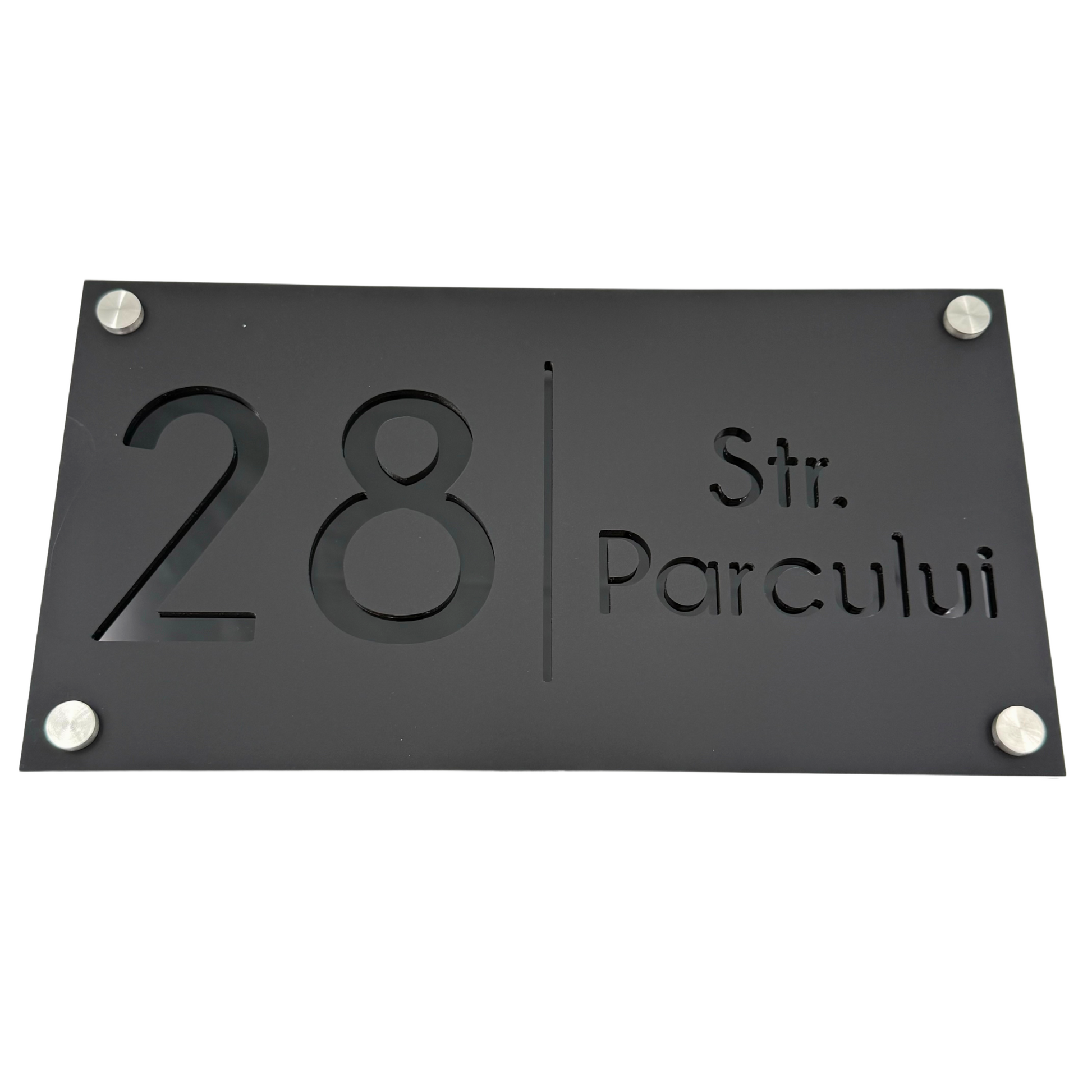 PREMIUM HOUSE NUMBER - Satin Black Glossy Black 4 Spacers Silver - 28×15 cm