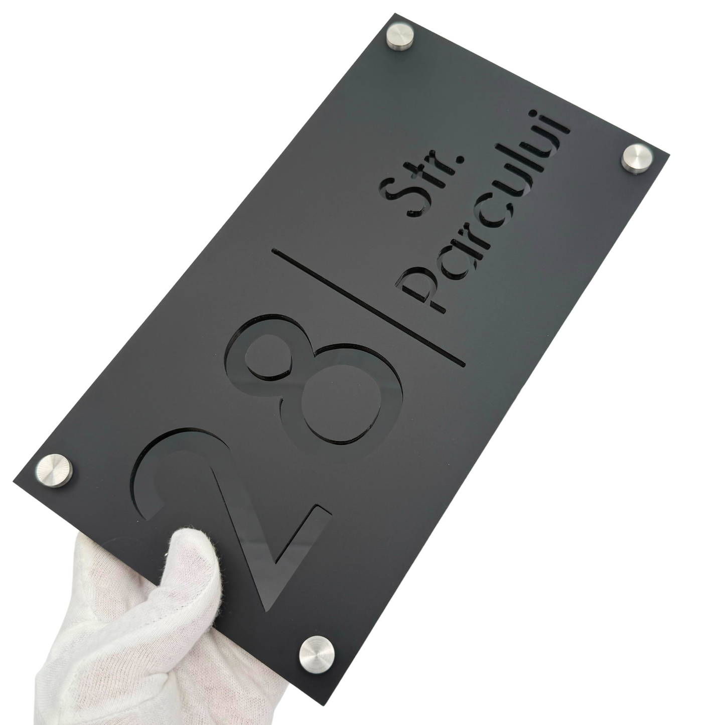 PREMIUM HOUSE NUMBER - Satin Black Glossy Black 4 Spacers Silver - 28×15 cm