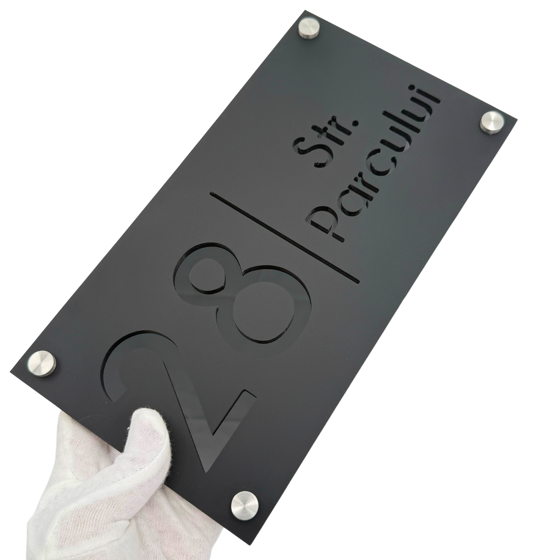 PREMIUM HOUSE NUMBER - Satin Black Glossy Black 4 Spacers Silver - 28×15 cm