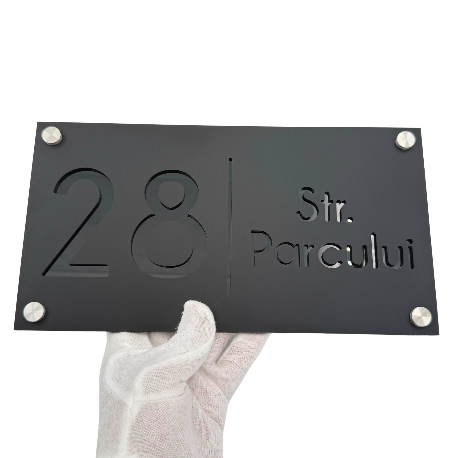 PREMIUM HOUSE NUMBER - Satin Black Glossy Black 4 Spacers Silver - 28×15 cm
