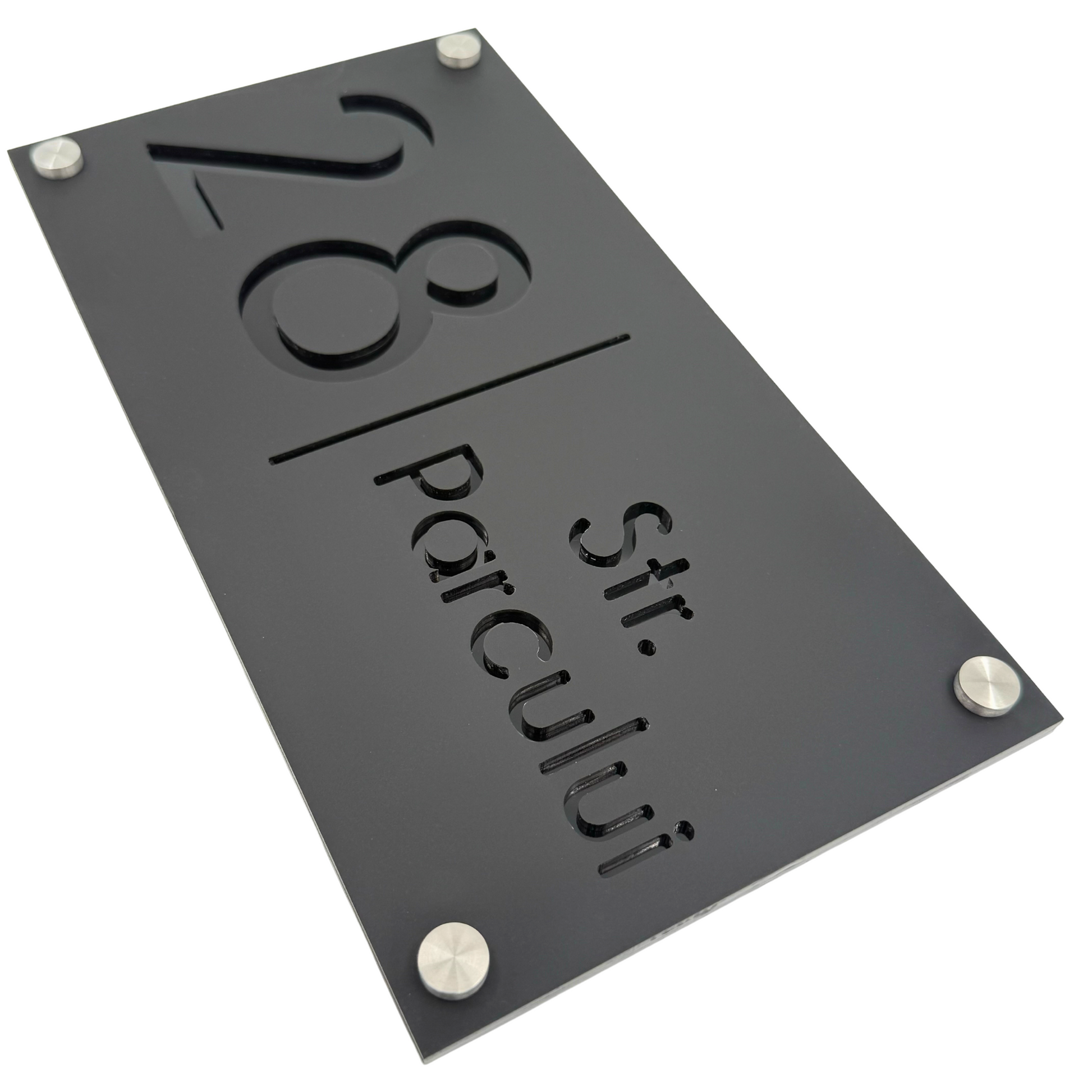 PREMIUM HOUSE NUMBER - Satin Black Glossy Black 4 Spacers Silver - 28×15 cm