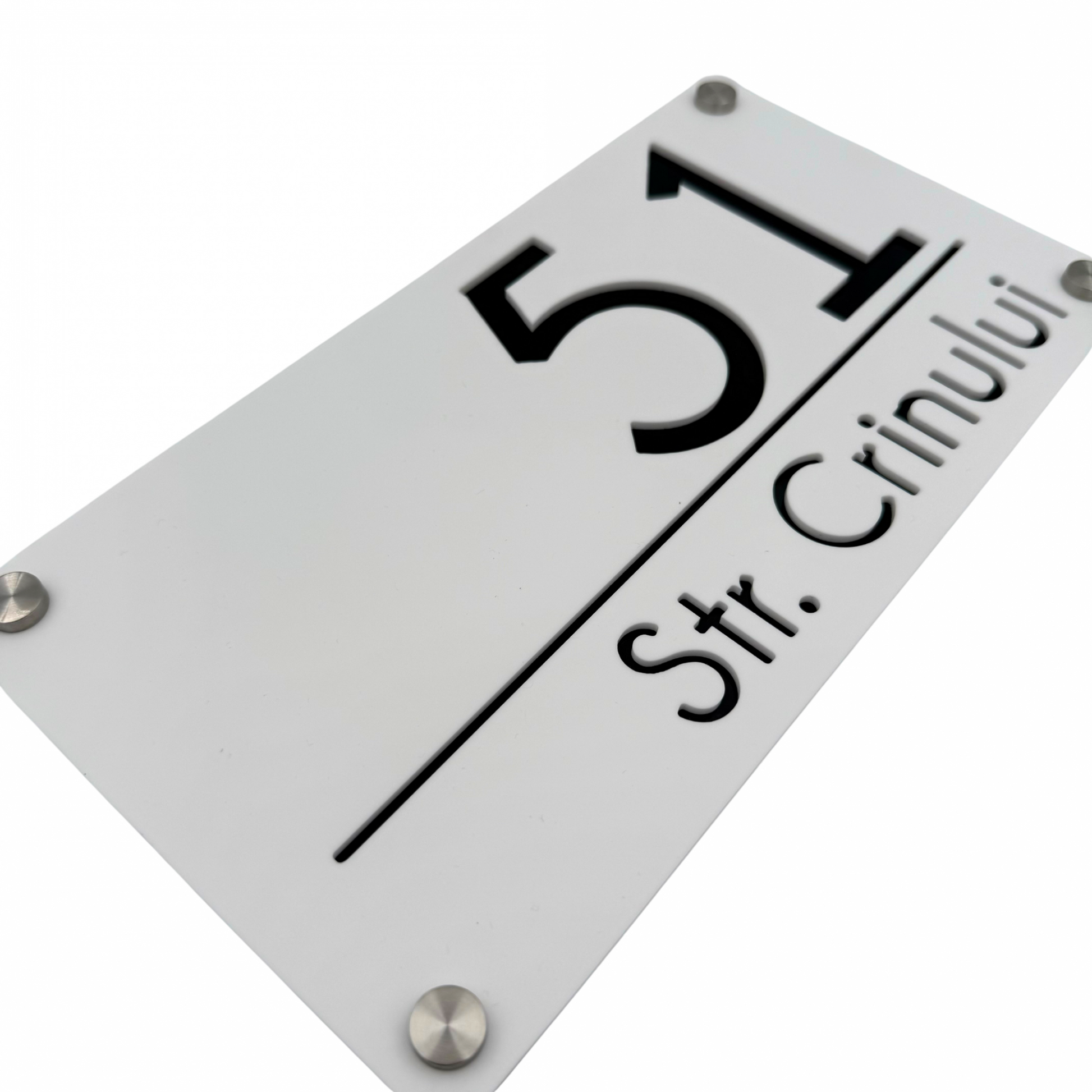 PREMIUM HOUSE NUMBER - White Satin Glossy Black 4 Spacers Silver - 28×15 cm