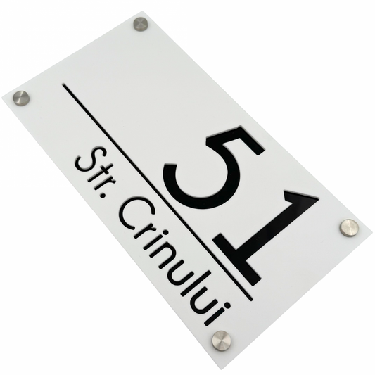 PREMIUM HOUSE NUMBER - White Satin Glossy Black 4 Spacers Silver - 28×15 cm