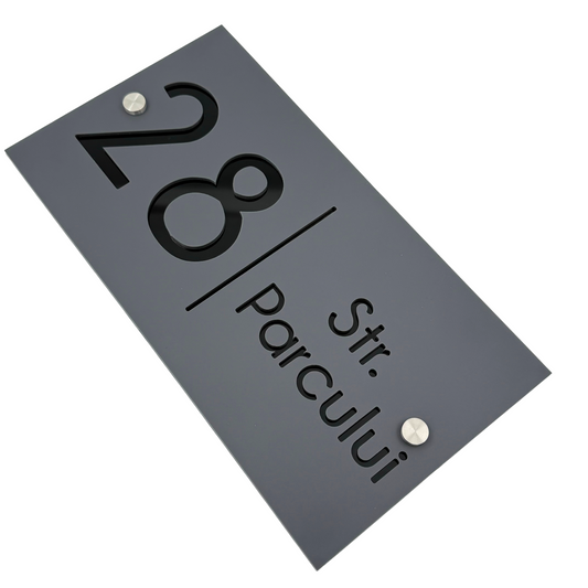 PREMIUM HOUSE NUMBER - Satin Grey Glossy Black 2 Spacers Silver - 28×15 cm
