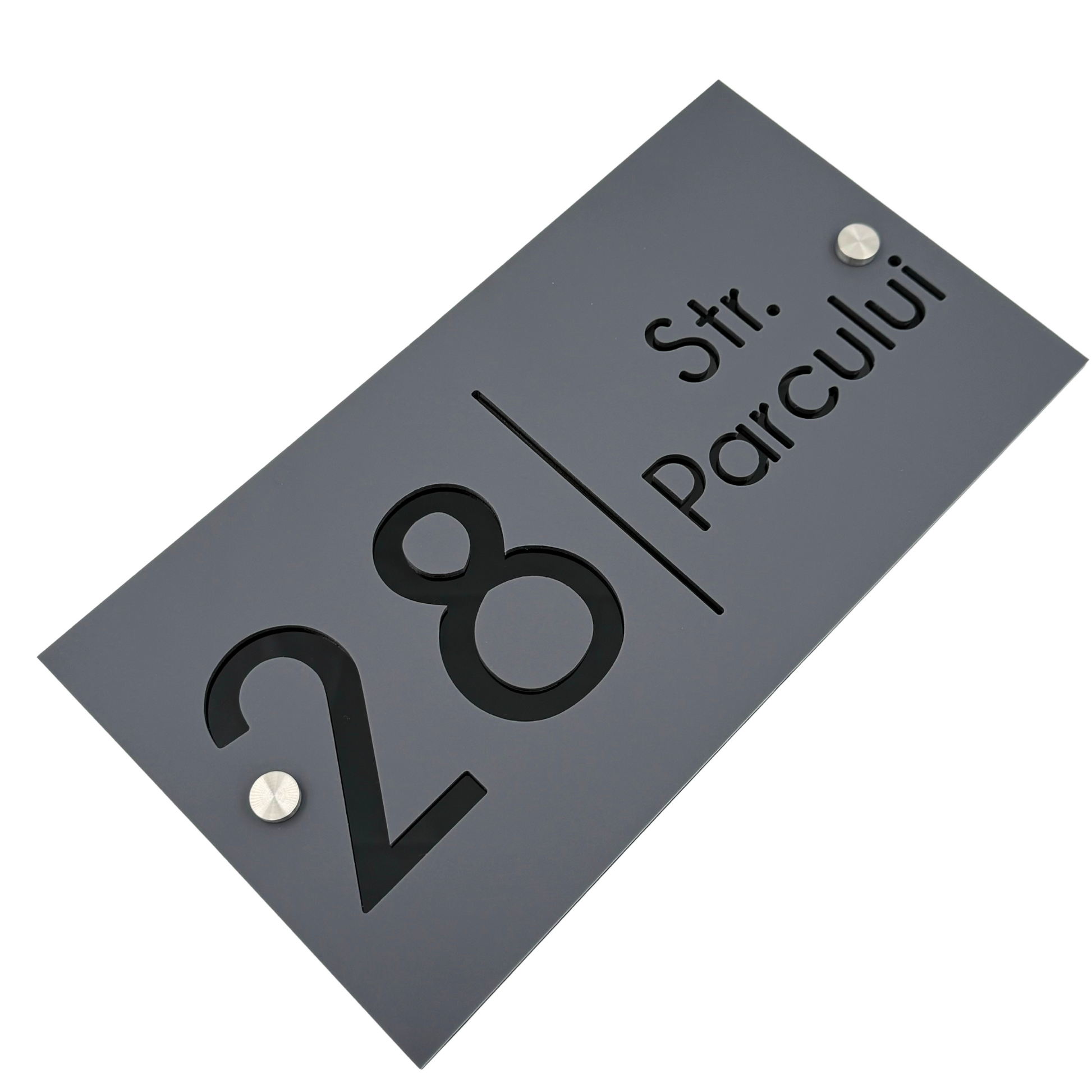 PREMIUM HOUSE NUMBER - Satin Grey Glossy Black 2 Spacers Silver - 28×15 cm
