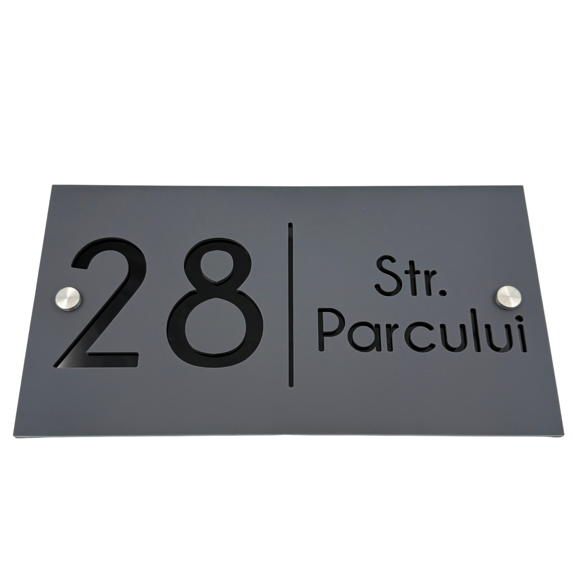 PREMIUM HOUSE NUMBER - Satin Grey Glossy Black 2 Spacers Silver - 28×15 cm