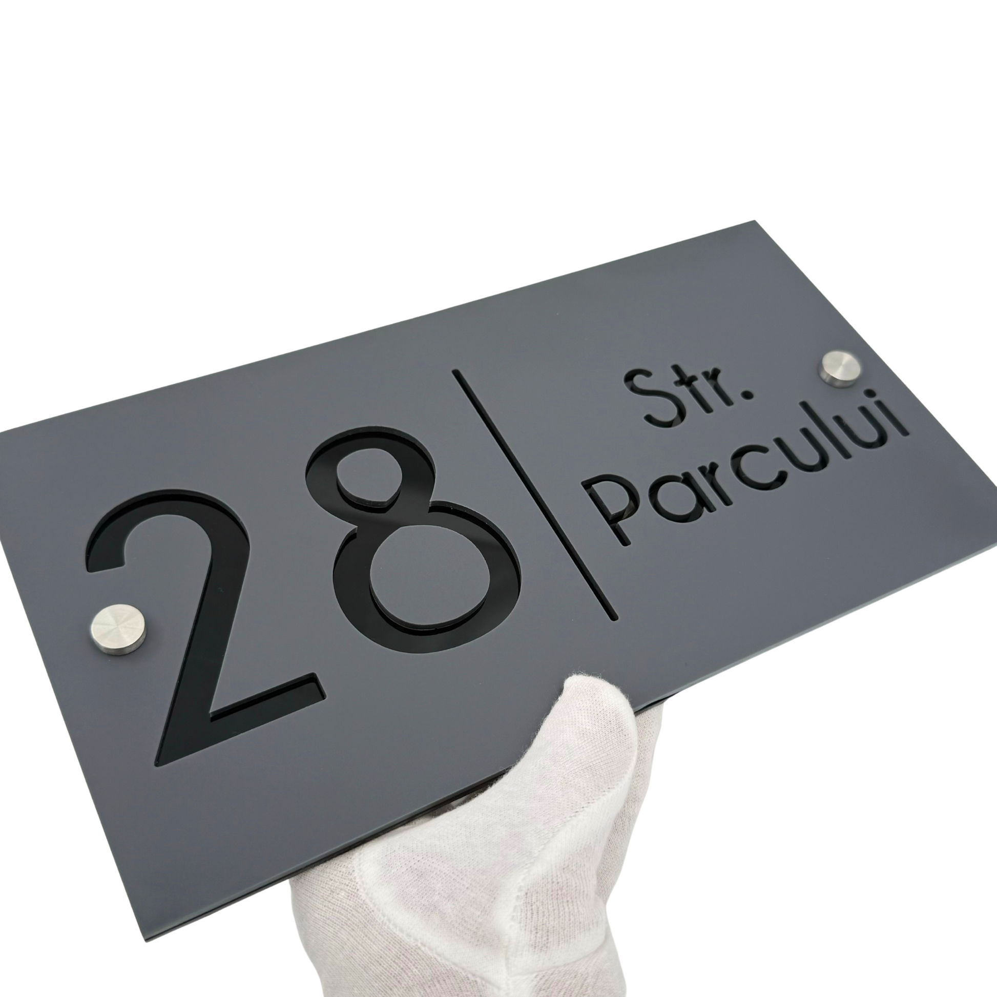 PREMIUM HOUSE NUMBER - Satin Grey Glossy Black 2 Spacers Silver - 28×15 cm