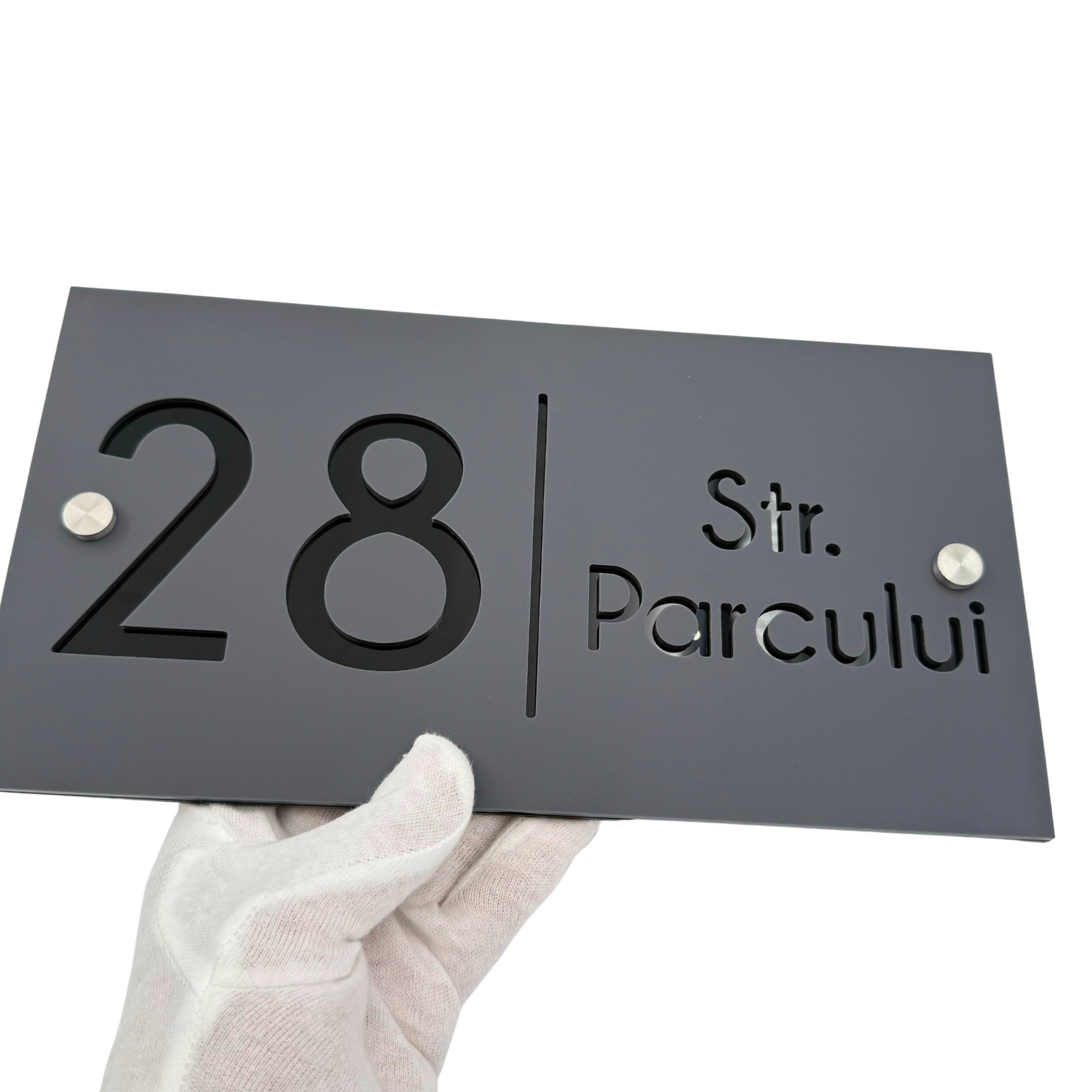 PREMIUM HOUSE NUMBER - Satin Grey Glossy Black 2 Spacers Silver - 28×15 cm