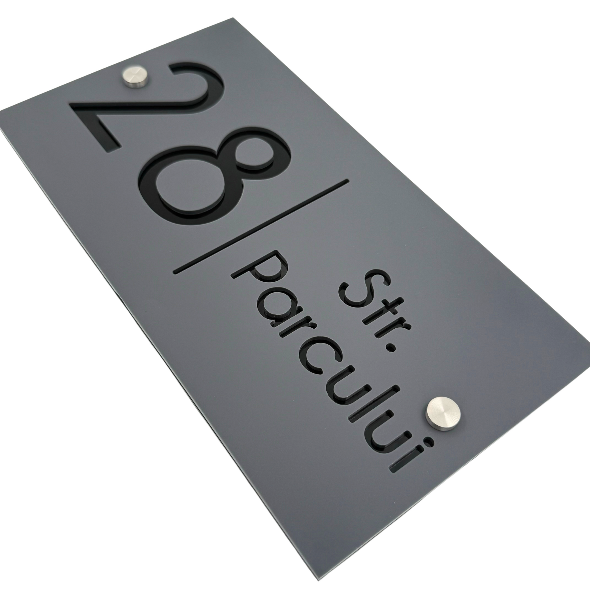 PREMIUM HOUSE NUMBER - Satin Grey Glossy Black 2 Spacers Silver - 28×15 cm