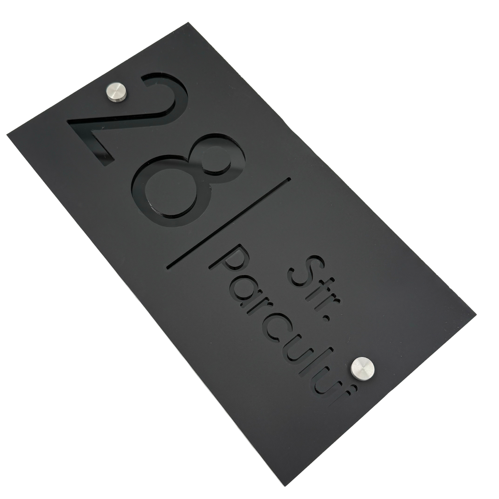 PREMIUM HOUSE NUMBER - Satin Black Glossy Black 2 Spacers Silver - 28×15 cm