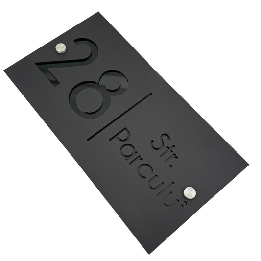 PREMIUM HOUSE NUMBER - Satin Black Glossy Black 2 Spacers Silver - 28×15 cm