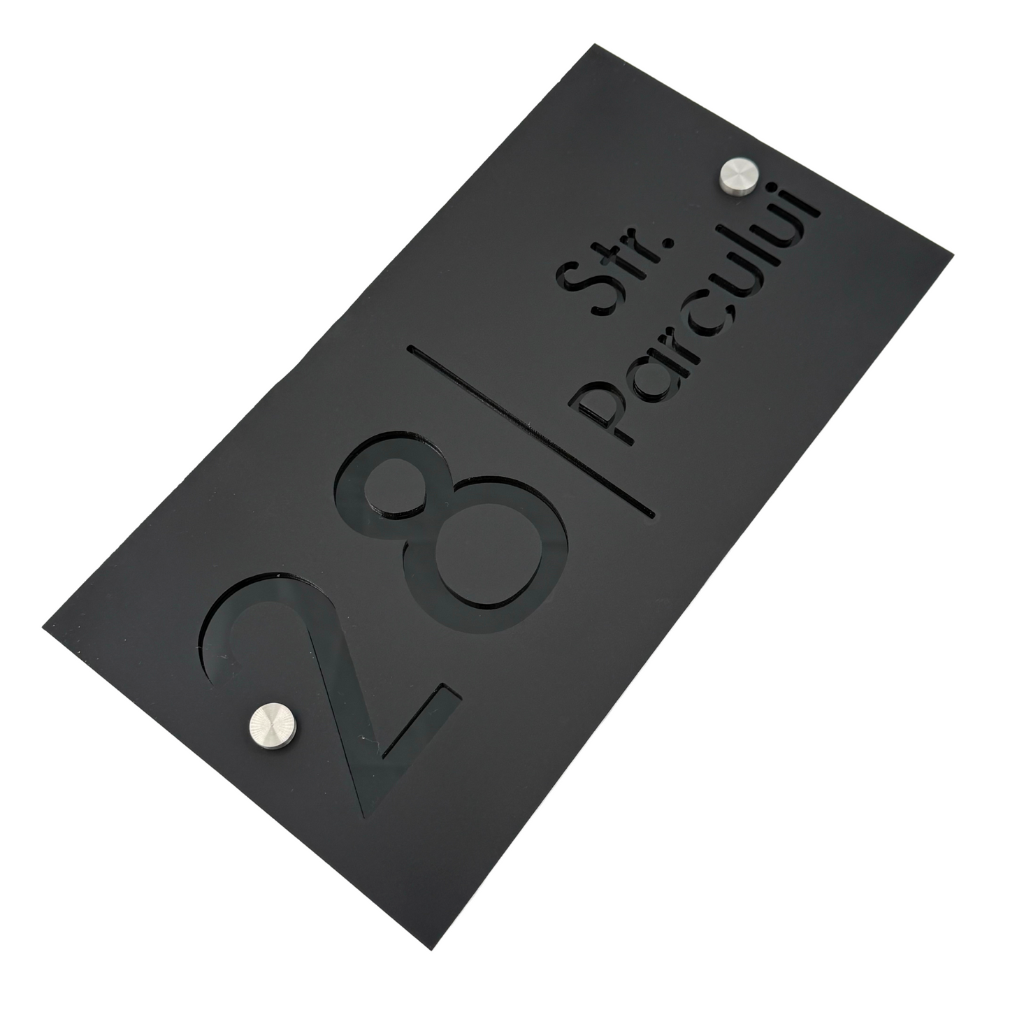 PREMIUM HOUSE NUMBER - Satin Black Glossy Black 2 Spacers Silver - 28×15 cm