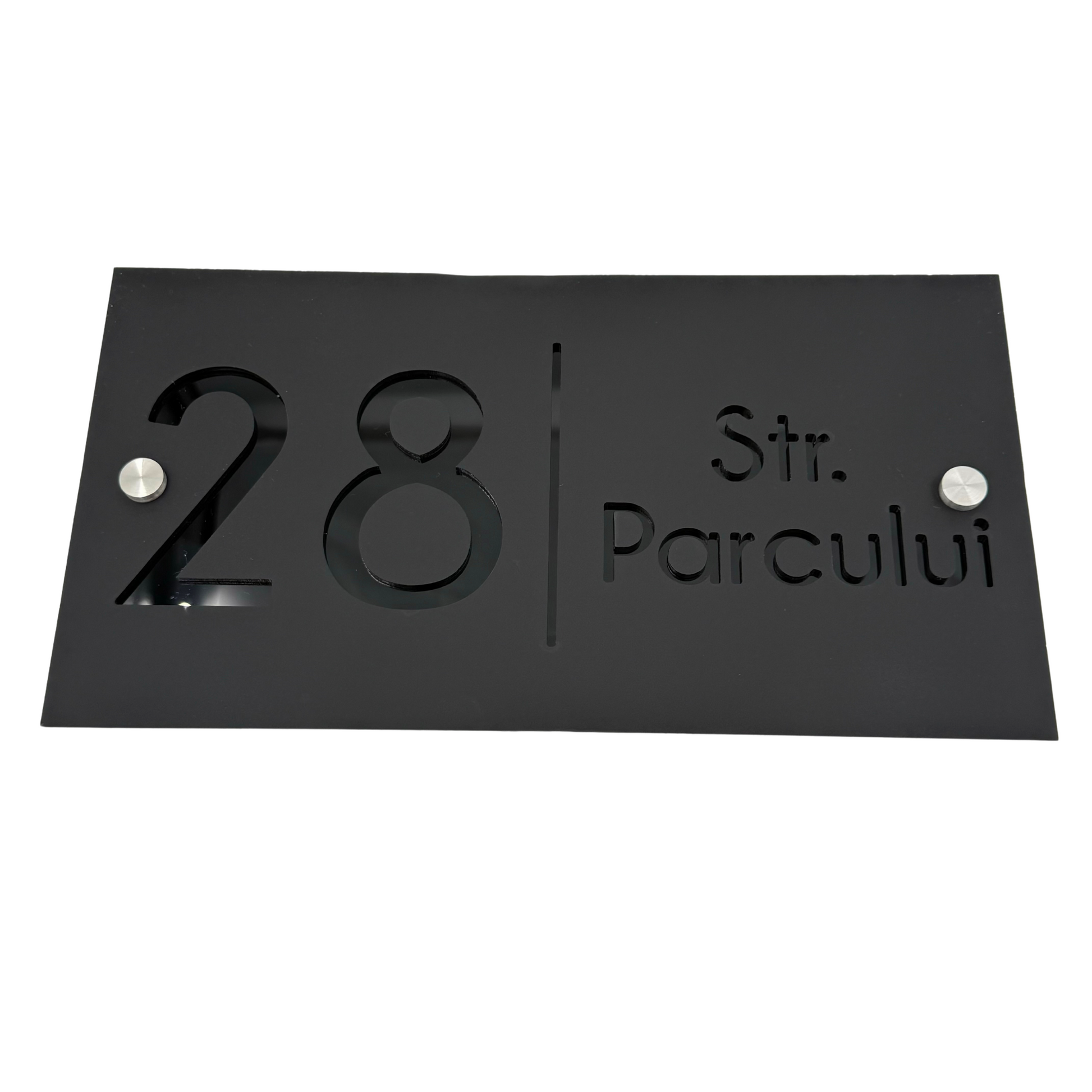 PREMIUM HOUSE NUMBER - Satin Black Glossy Black 2 Spacers Silver - 28×15 cm