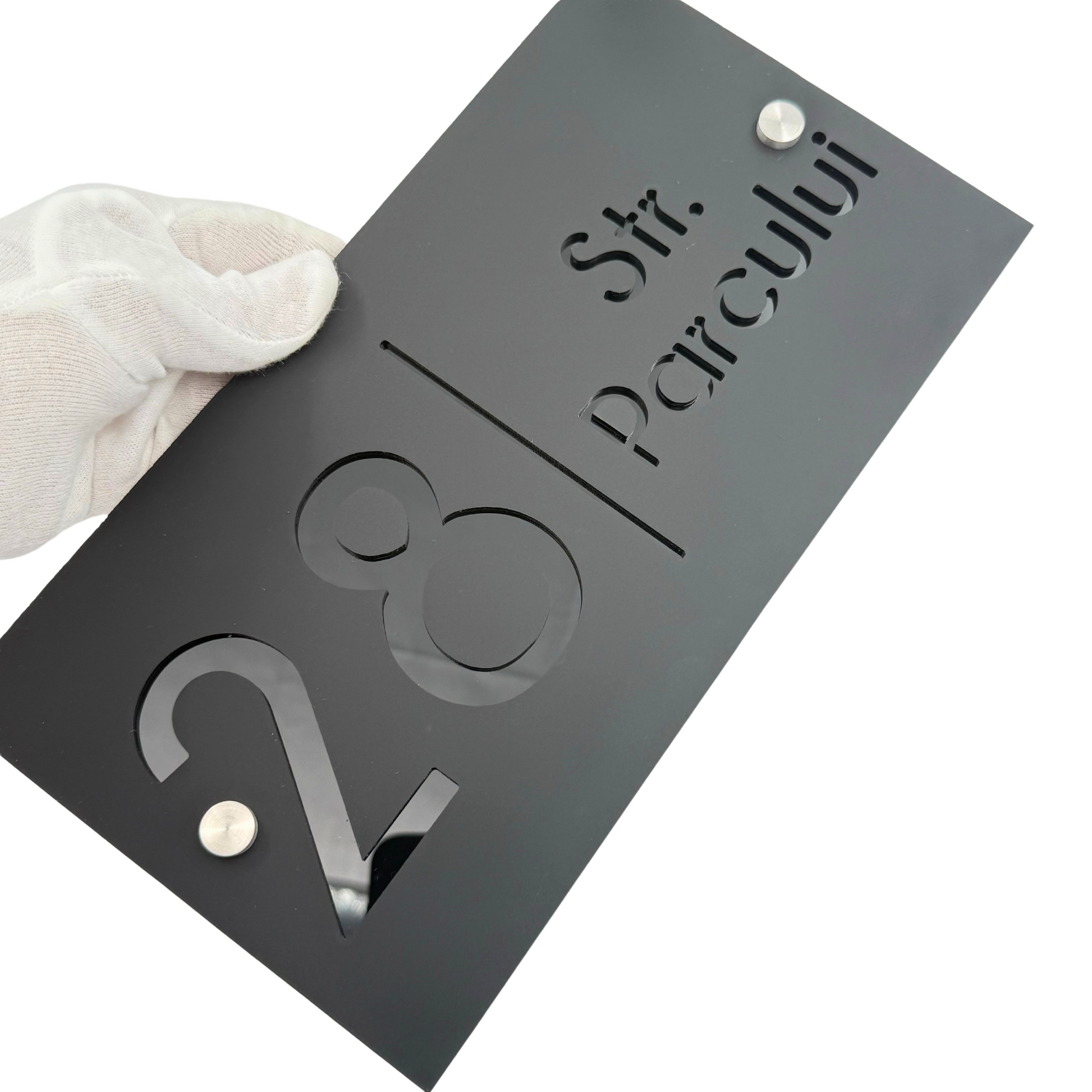 PREMIUM HOUSE NUMBER - Satin Black Glossy Black 2 Spacers Silver - 28×15 cm
