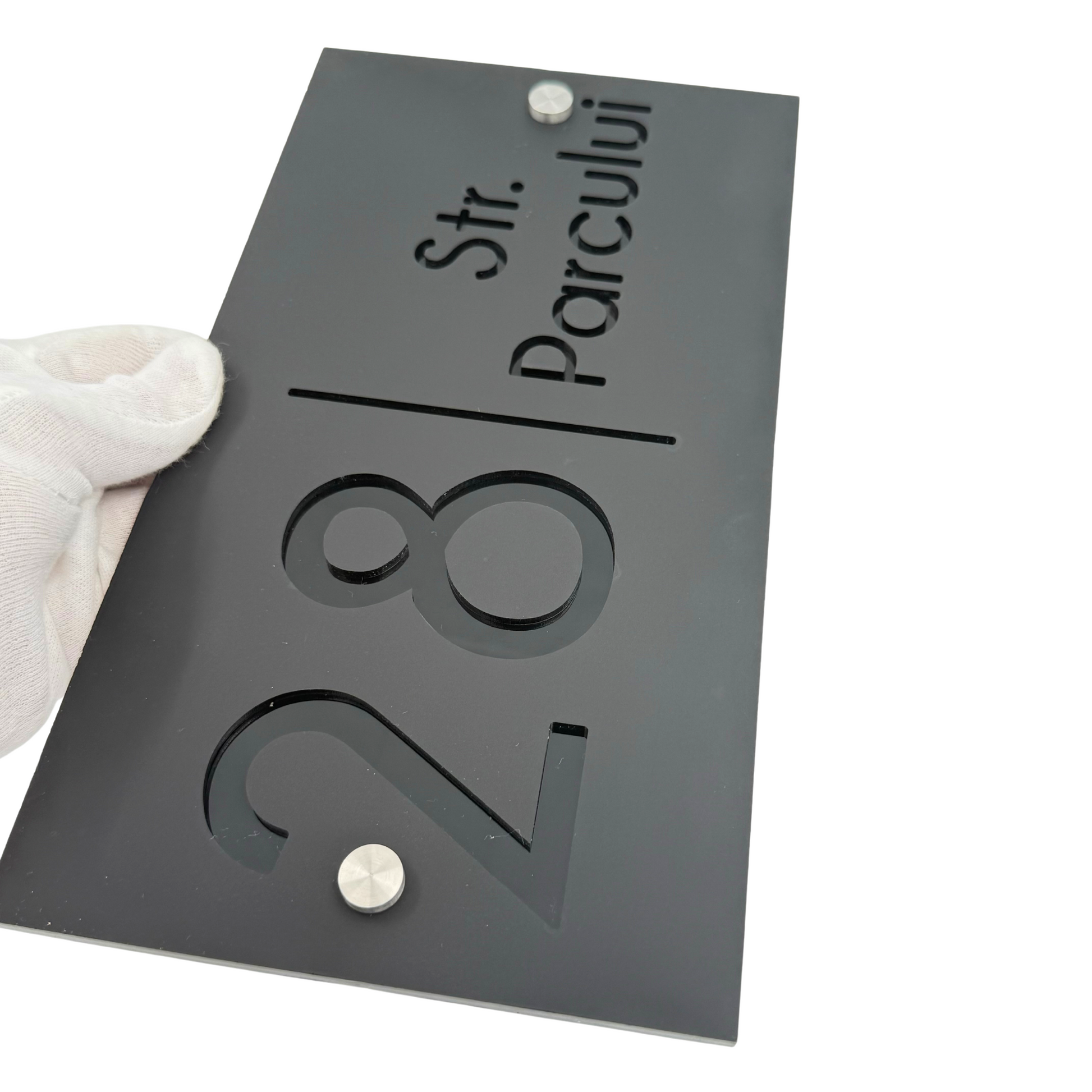 PREMIUM HOUSE NUMBER - Satin Black Glossy Black 2 Spacers Silver - 28×15 cm