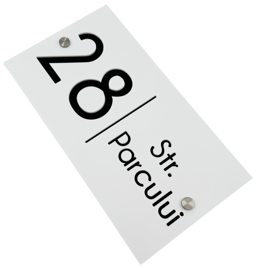 PREMIUM HOUSE NUMBER - White Satin Glossy Black 2 Spacers Silver - 28×15 cm