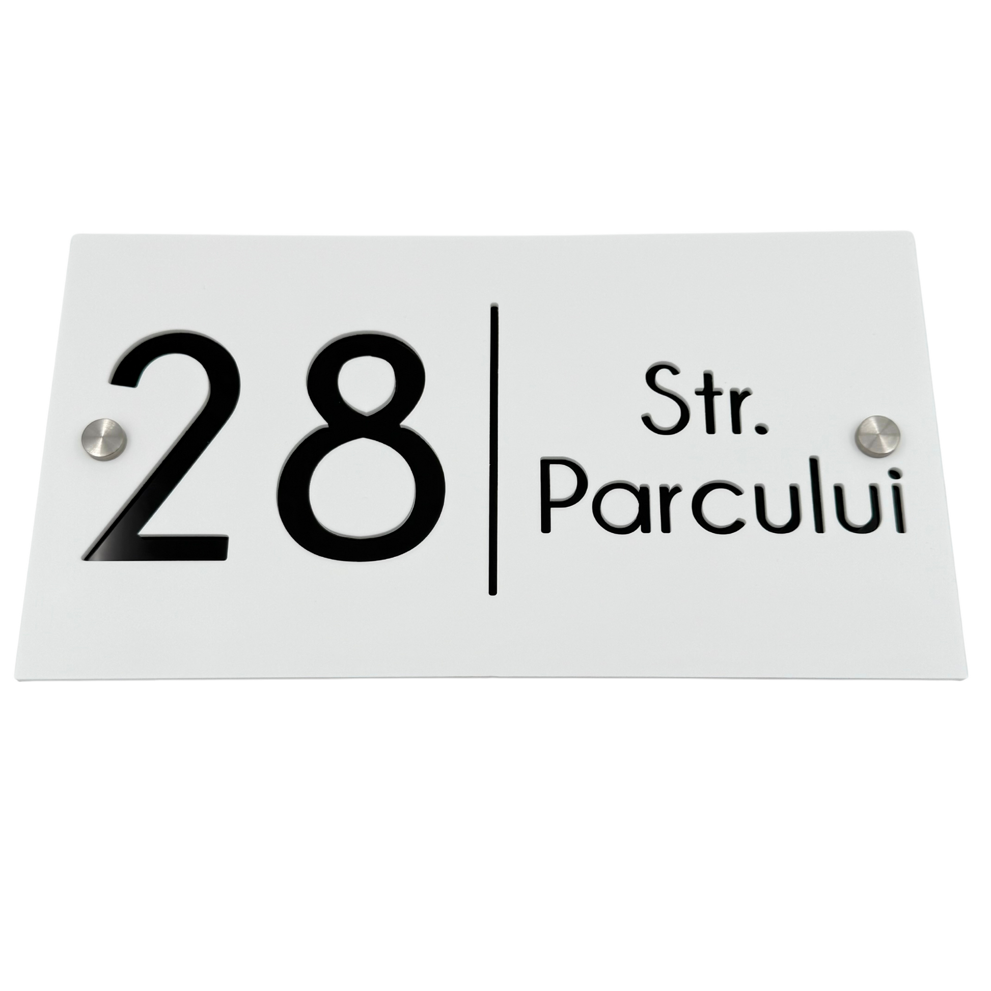 PREMIUM HOUSE NUMBER - White Satin Glossy Black 2 Spacers Silver - 28×15 cm