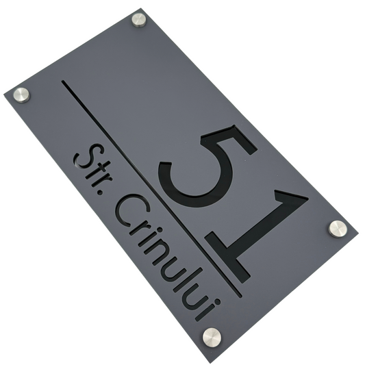 PREMIUM HOUSE NUMBER - Satin Grey Glossy Black 4 Spacers Silver - 28×15 cm