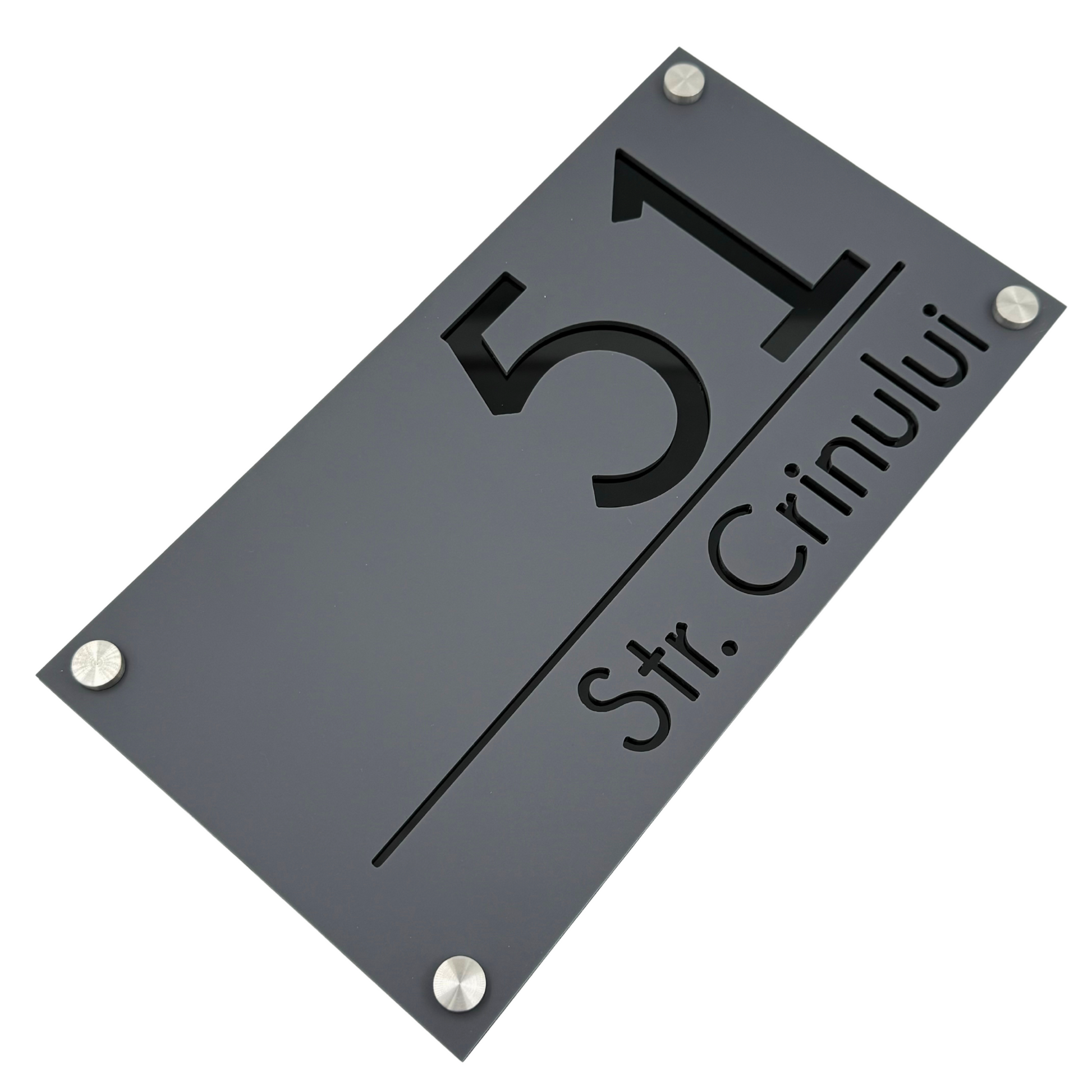 PREMIUM HOUSE NUMBER - Satin Grey Glossy Black 4 Spacers Silver - 28×15 cm