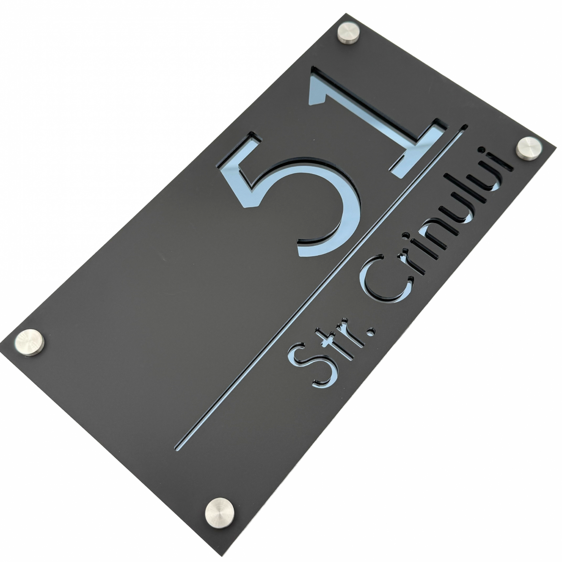 PREMIUM HOUSE NUMBER - Satin Black Anthracite Grey Mirror 4 Spacers Silver - 28×15 cm