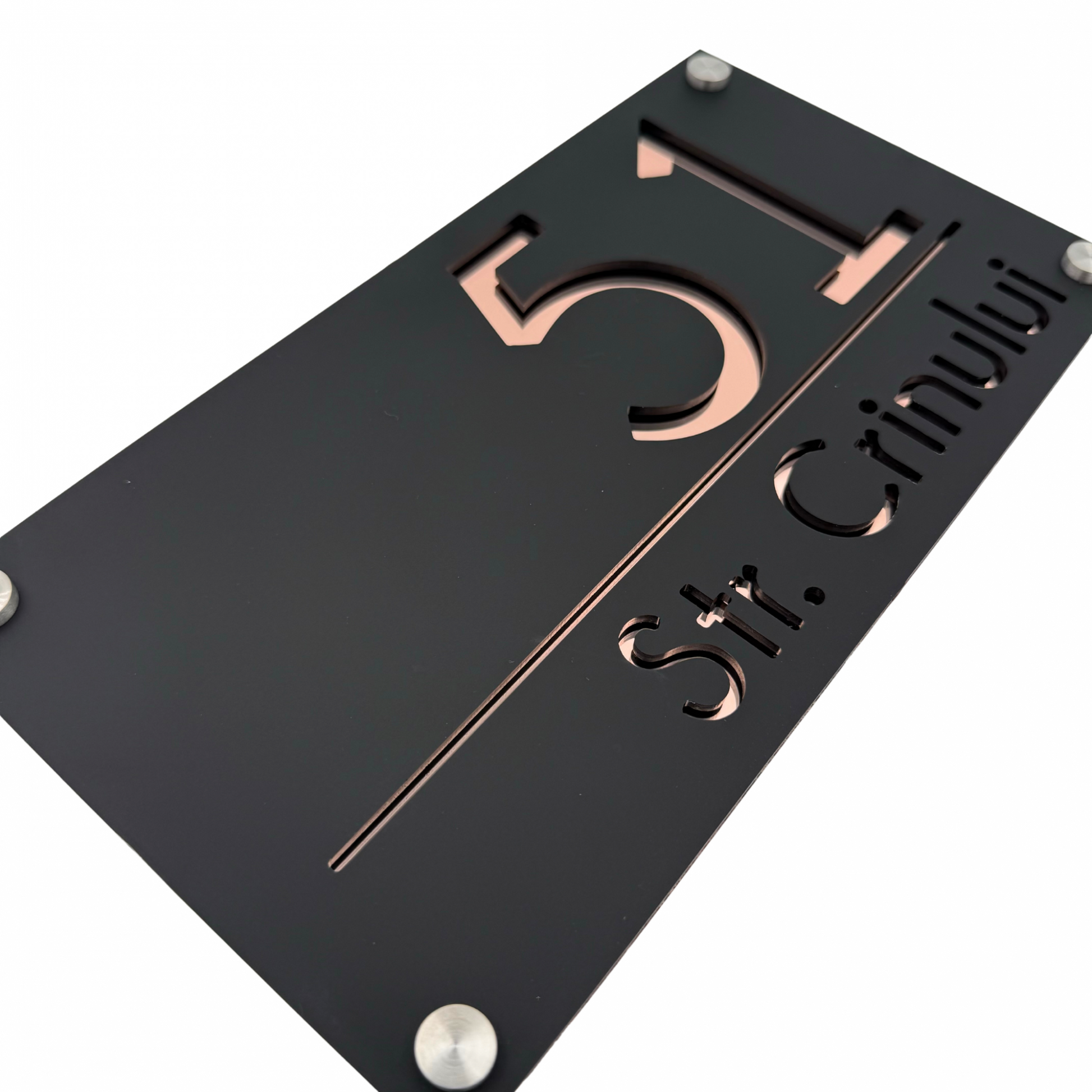 PREMIUM HOUSE NUMBER - Satin Black Rose Gold Mirror 4 Spacers Silver - 28×15 cm