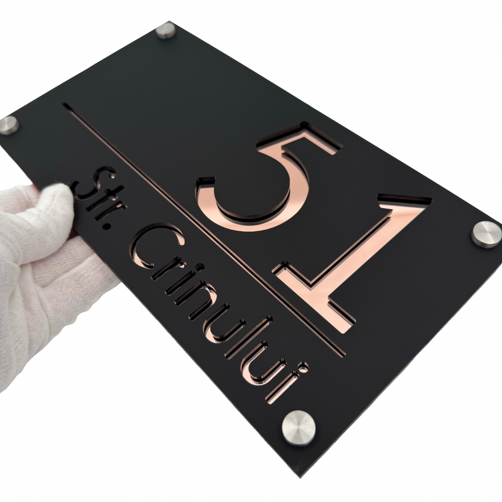 PREMIUM HOUSE NUMBER - Satin Black Rose Gold Mirror 4 Spacers Silver - 28×15 cm