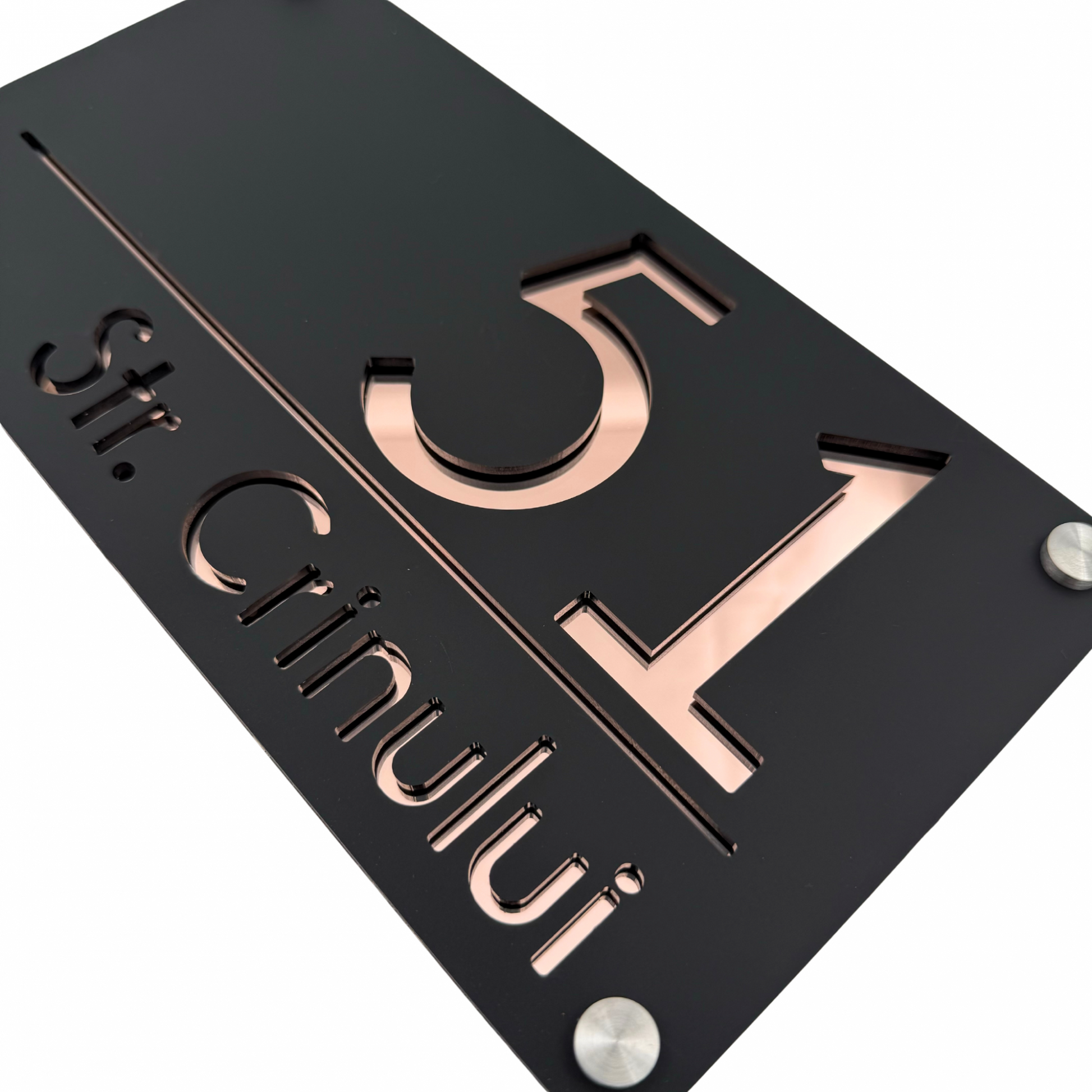PREMIUM HOUSE NUMBER - Satin Black Rose Gold Mirror 4 Spacers Silver - 28×15 cm