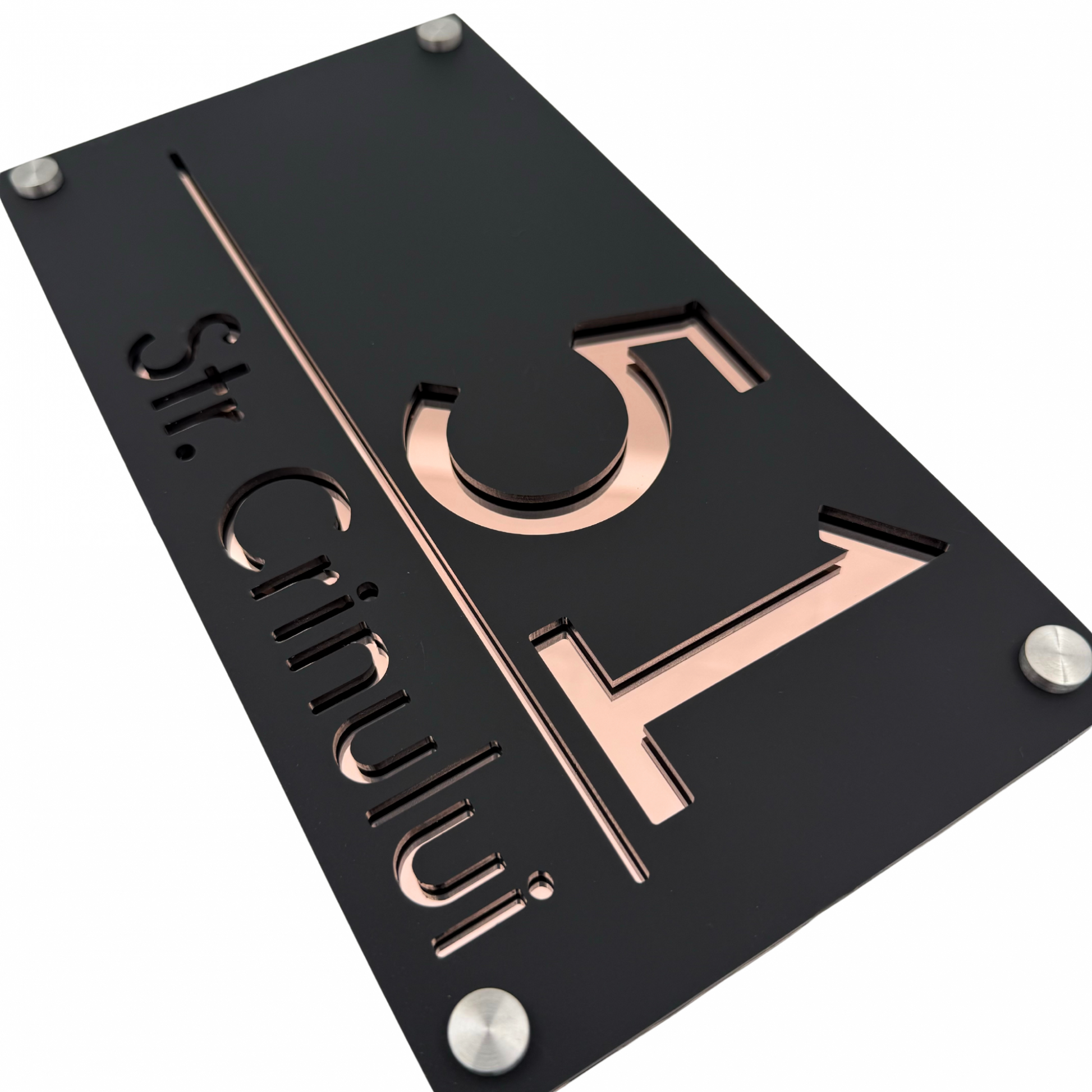 PREMIUM HOUSE NUMBER - Satin Black Rose Gold Mirror 4 Spacers Silver - 28×15 cm