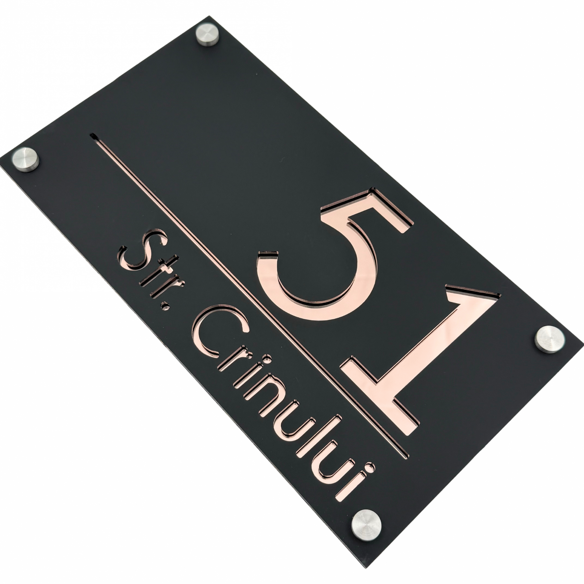 PREMIUM HOUSE NUMBER - Satin Black Rose Gold Mirror 4 Spacers Silver - 28×15 cm