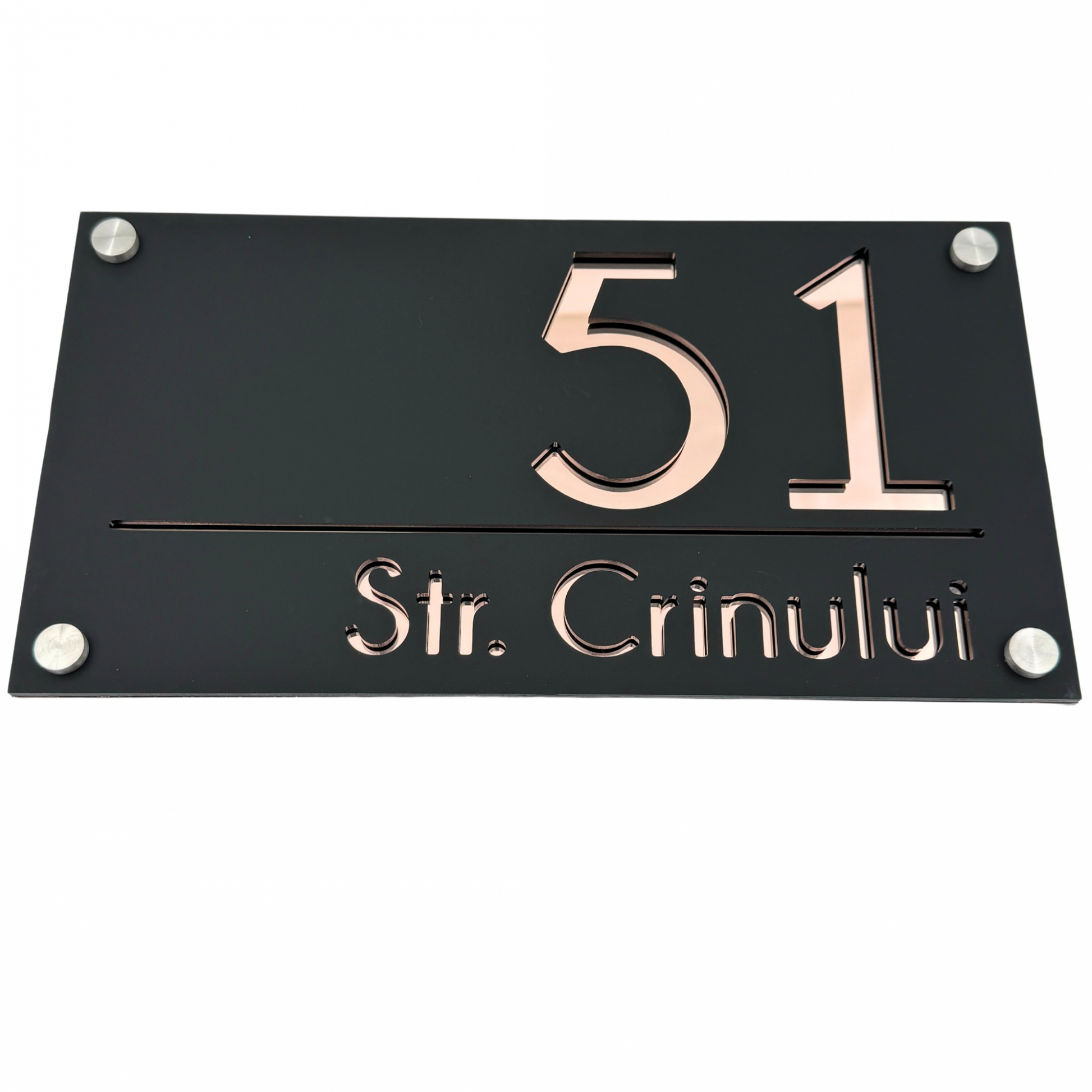 PREMIUM HOUSE NUMBER - Satin Black Rose Gold Mirror 4 Spacers Silver - 28×15 cm
