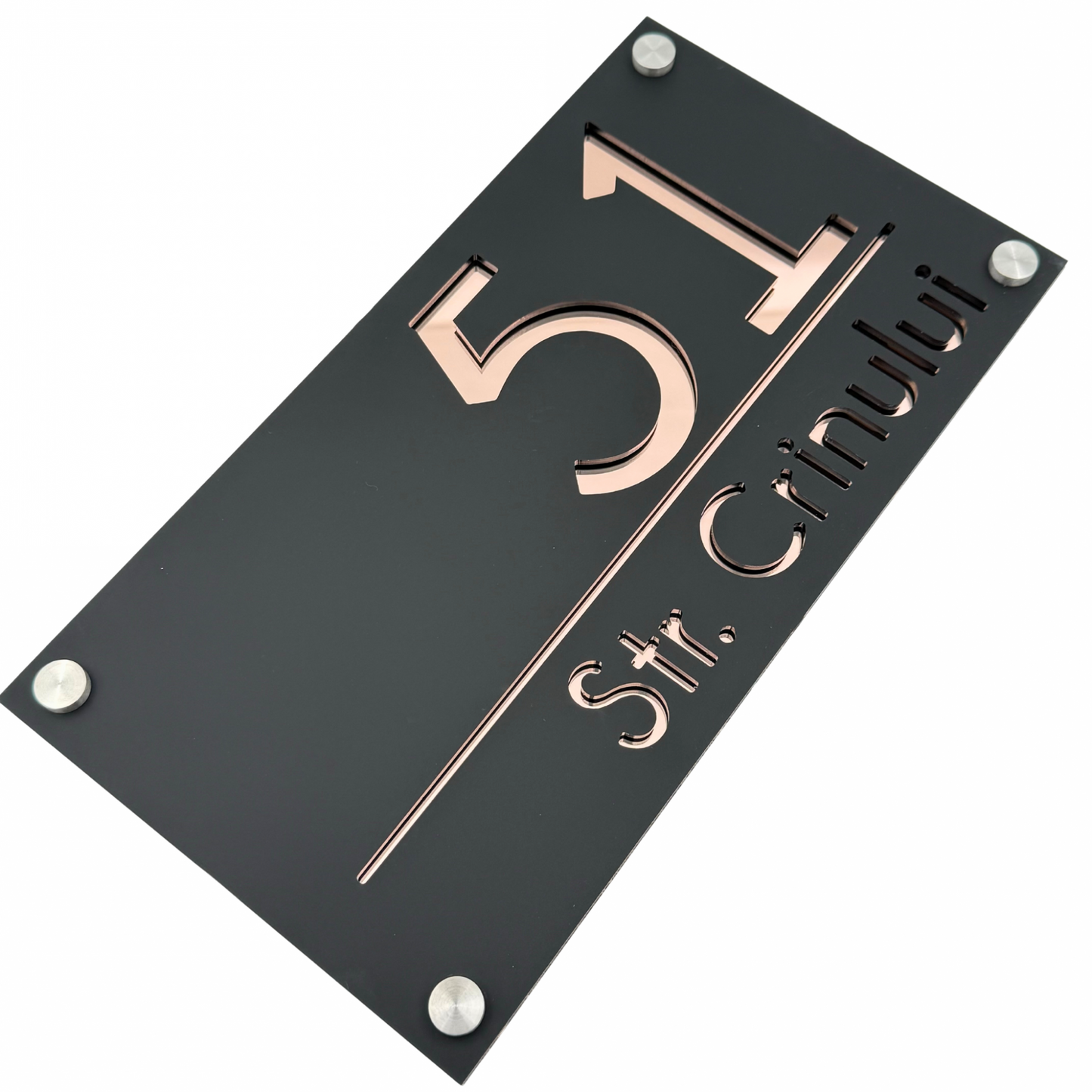 PREMIUM HOUSE NUMBER - Satin Black Rose Gold Mirror 4 Spacers Silver - 28×15 cm