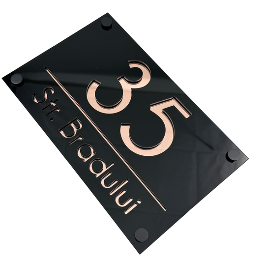 PREMIUM HOUSE NUMBER - Glossy Black Rose Gold Mirror 4 Spacers neGreyi - 24×15 cm
