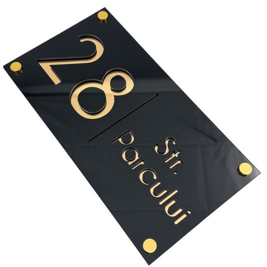 PREMIUM HOUSE NUMBER - Glossy Black Gold Mirror 4 Spacers Gold - 28×15 cm