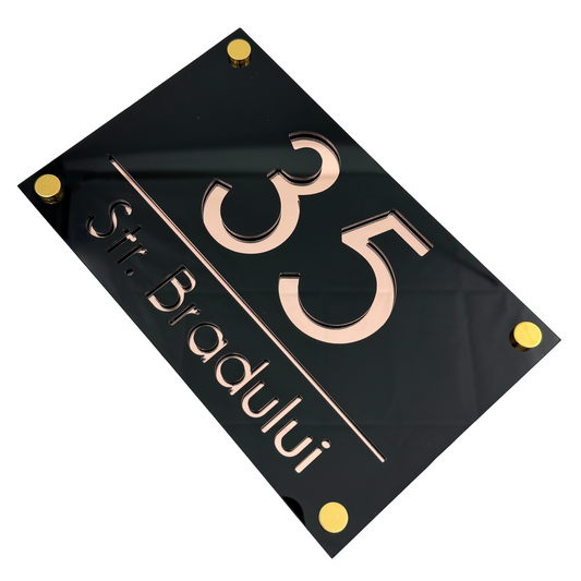 PREMIUM HOUSE NUMBER - Glossy Black Rose Gold Mirror 4 Spacers Gold - 24×15 cm
