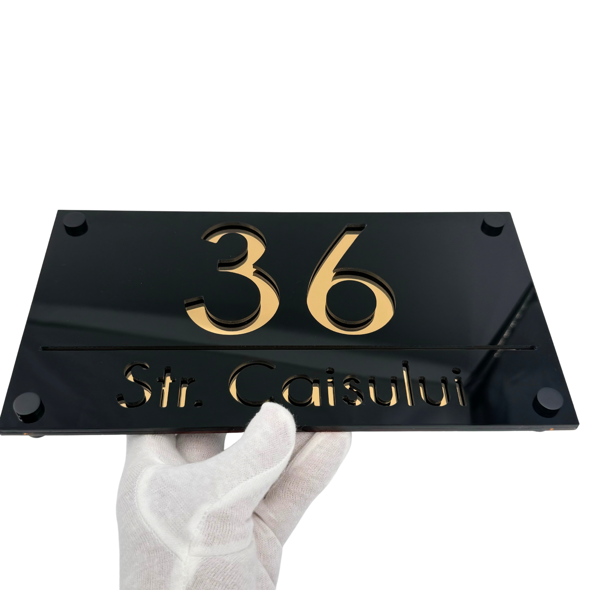 PREMIUM HOUSE NUMBER - Glossy Black Gold Mirror 4 Spacers NeGreyi - 28×15 cm