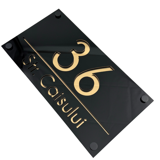 PREMIUM HOUSE NUMBER - Glossy Black Gold Mirror 4 Spacers NeGreyi - 28×15 cm