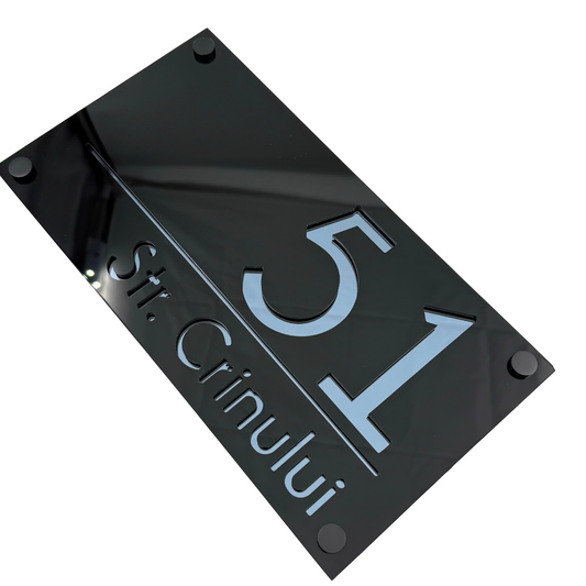 PREMIUM HOUSE NUMBER - Glossy Black Anthracite Grey Mirror 4 Spacers NeGreyi - 28×15 cm