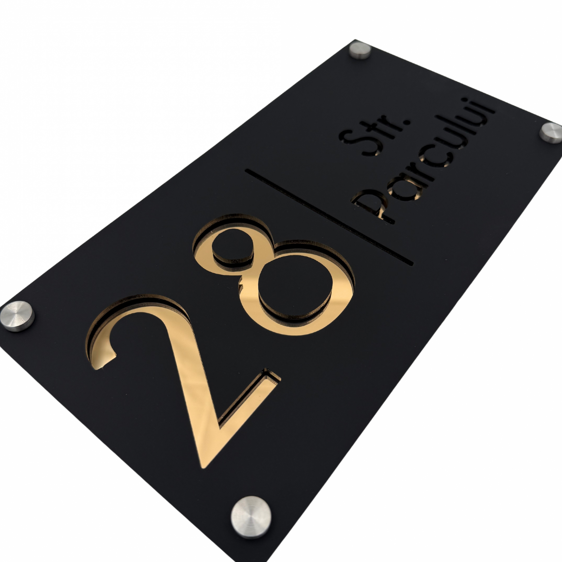 PREMIUM HOUSE NUMBER - Satin Black Gold Mirror 4 Spacers Silver - 28×15 cm
